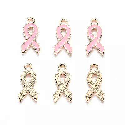 10 Pcs Golden Alloy Enamel Ribbon Breast Cancer Awareness Charms Pendants 20mm • £3.47