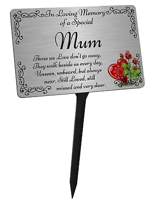 Mum Memorial Plaque & Stake. Brushed Silver Waterproof Garden Grave • £12.99