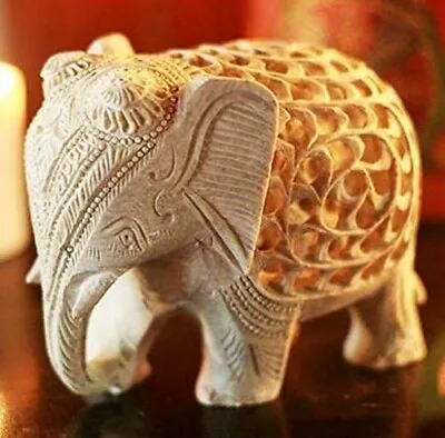 Handmade Marble Curved Elephant Jali Carving With Baby-Elephant Inside (Brown) • $37.17