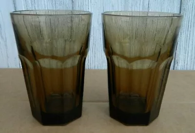 2 Vtg Libbey GIBRALTAR DURATUFF MOCHA Paneled Glass Tumblers 12 Oz Tea/Water-EUC • $12