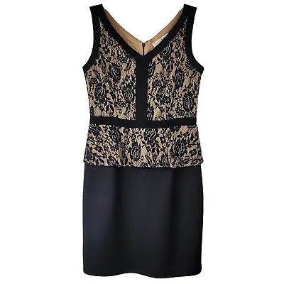 AA Studio AA Dress Women's 8 Sheath V Neckline Peplum Sleeveless Black Tan NWT • $29.95