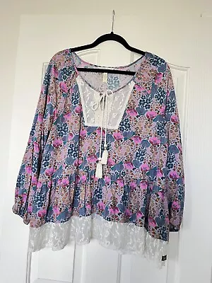Matilda Jane Sew Perfect Floral Top Peasant Boho Tassel Tunic Blouse Large L • $20