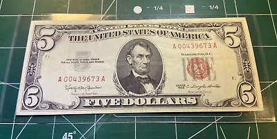 1963 $5 Five Dollar United States Red Seal Note Bill AU Circulated Details • $45.50