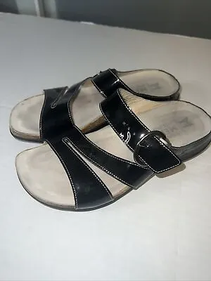 Mephisto Black Patent Leather Buckle Strap Slide Sandals Women 35 US 6 • $27.19