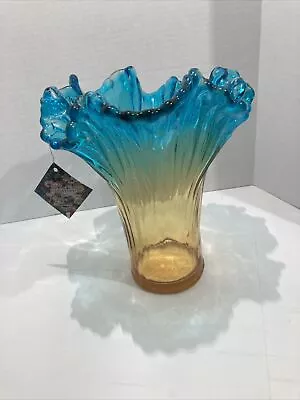 Vintage Authentic Murano Glass Large  Vase 11” Tall Blue And Yellow Beautiful! • $39.99