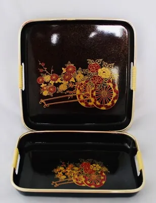 Vintage Set Of 2 Japanese Lacquer Plastic Nesting Trays Floral Rickshaw Motif • $26.24