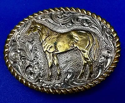 Crumrine Horse Western Cowboy Gold And Silver Colored Vintage Belt Buckle • $38.50