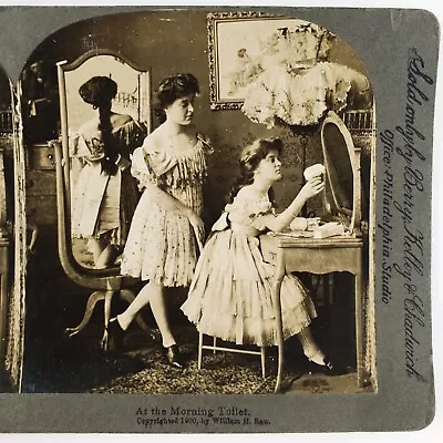 Pretty Girls Vanity Mirror Stereoview C1900 Berry Kelley Chadwick Women H1328 • $29.95