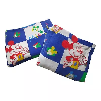 Vtg Disney Mickey Mouse Color Block Twin Sheet Set Flat Fitted 1 Pillowcase  • $17.99