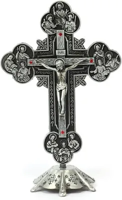 Standing Crucifix With Base - Antique Silver Plated Metal Red Crystal Jesus • $20.93