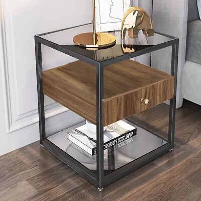 Simple Coffee Table Glass Coffee Tables Small Space Table W/ Drawer Steel Frame • $85.97