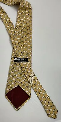 Salvatore Ferragamo Tie Animal Dog Print 100% Silk Yellow Necktie Made In Italy • $48.99