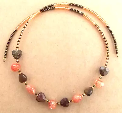 Mottled Pink & Dark Brown Gold Tone & Brown Seed Beads Memory Claspless Choker • £7.10