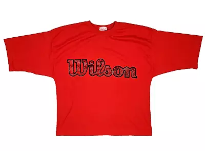 VINTAGE WILSON PUFFY LOGO SINGLE STITCH CROP T SHIRT WOMENS M RED BLACK USA 80s • $17.99