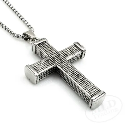 Christian Mens Solid Heavy Gothic Latin Silver Cross Pendant Necklace Both Sides • $9.99