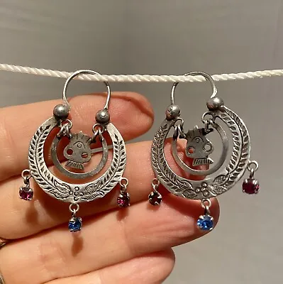 Antique Ethnic Mayan Guatemalan Silver Crescent Moon Handcrafted Hoop Earrings • $95