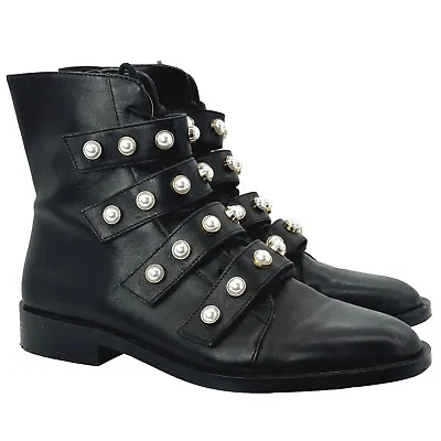 ZARA Leather Combat Biker Boots Moto Pearl Strap Boots Black Women's EU 39 US 8 • $42