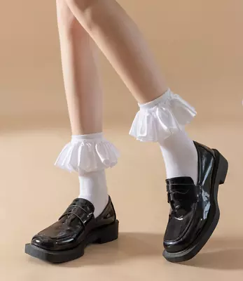 Women Girl Retro Ankle Dress Ruffle Frilly Pure White Short Big Satin Lace Socks • $13.50