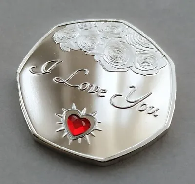  I Love You  Silver Plated Commemorative Coin + Crystal - Gift / Valentines Rose • £8.99