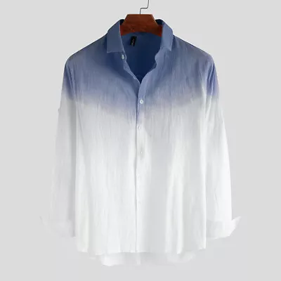 Men's Gradient Long Sleeve Cotton Linen Shirts Casual Formal Button Down Top Tee • $21.84