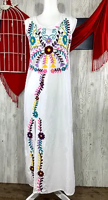 Mexican Womens Embroidered Sleeveless Cotton Boho White Maxi Dress Sz SML & XL • $42.99