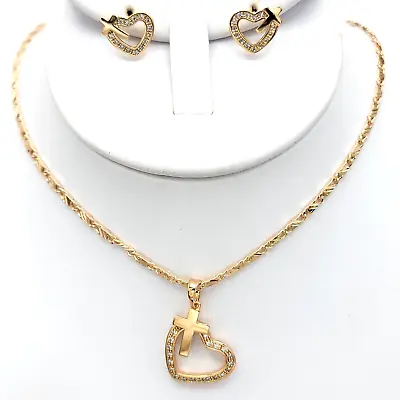 18K Gold Plated Love Heart Clear Crystals Cross Pendant Necklace - Earrings Set • $16