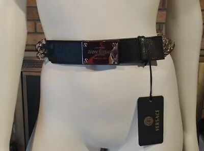 GIANNI VERSACE Blue Crackle Leather Silver Chain Belt NWT $755 Size 32 • $175