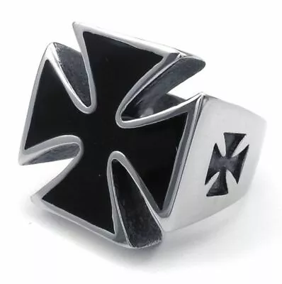 Maltese Iron Cross Black Enamel Stainless Steel Fashion Men's Rocker Ring Size 8 • $19.99