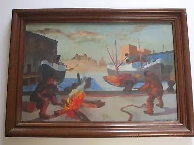 Antique Wpa Painting Nautical Industrial Marina Port Regionalism Listed Mitchell • $2000
