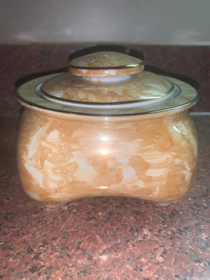 $12.77 • Buy Asian Inspired Covered Dish Iridescent Glaze Stout Gilded Bowl Jar 3 8 ?