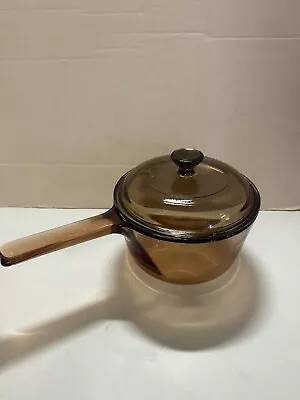 Corning Ware Vision Amber Glass Cookware 1L Sauce Pot Pan Spout With Pyrex Lid • $19.99