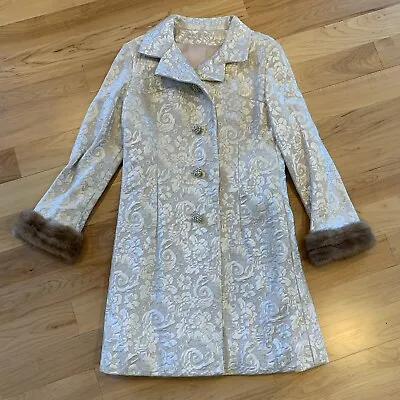 Vintage 50’s 60’s Ivory Floral Brocade Rhinestone Button Coat Fur Cuffs Small • $99.99