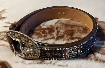 $65 • Buy Tony Lama Western Tooled Leather Studded Texas Star  Belt With Longhorn Buckle 