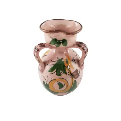 Vintage 3 Handle Pottery Vase Handpainted Made In Italy  5.5  Tall Pink Floral • $18