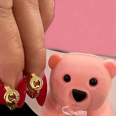 Zircons Gold Earrings Hoops Kids Small Girls In Pink Velvet Teddy Bear Gift Box • £9