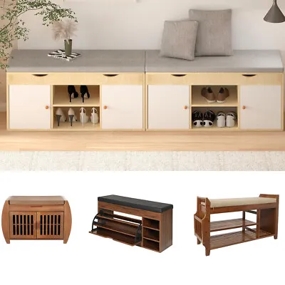 Bamboo Shoe Bench Storage Rack Organizer 2 Tier Removable Cushion Entryway Shelf • $109.99