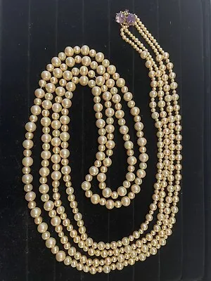 Vintage Necklace 58” Gold Pearl-look Double Strand With Goldtone Amythest Clasp • $39