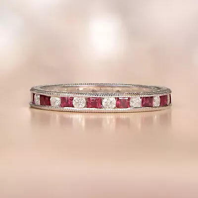 1ct Princess Natural Ruby Vintage-Inspired Milgrain Band 14K SOLID White Gold • $799