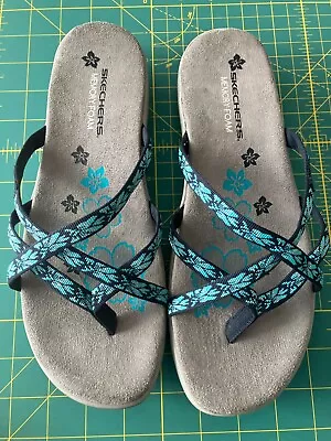 Skechers Memory Foam Sandals Slides Reggaes Navy Turquoise Size 9 • $14.99