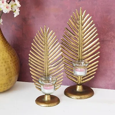Gold Palm Leaf Tealight Metal Candle Holder Vintage Style Table Home Decor • £16.94