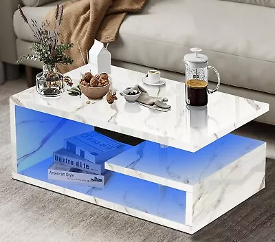 Wooden Coffee Table Storage High Gloss Sofa Side End Table LED Light Living Room • £59.99