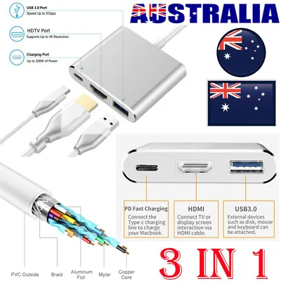 $12.79 • Buy Type C To USB-C HDMI USB 3.0 Adapter Converter Cable 3 In 1 Hub For MacBook