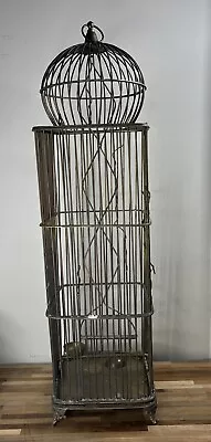 3 Foot Hanging Antique Brass Wire Canary Bird Cage Gorgeous W/ Swing Feed Bowls • $300