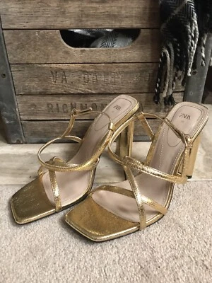 $29.99 • Buy ZARA Women's Metallic Gold Square Toe Strappy Sandals Shoes Sz 39 / 9