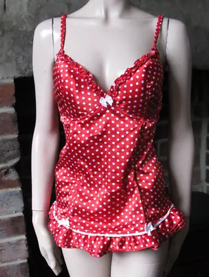 Kelly Brook For New Look Red Satin Polka Dot Babydoll Boned Play Dress Bra 36D • £15.99