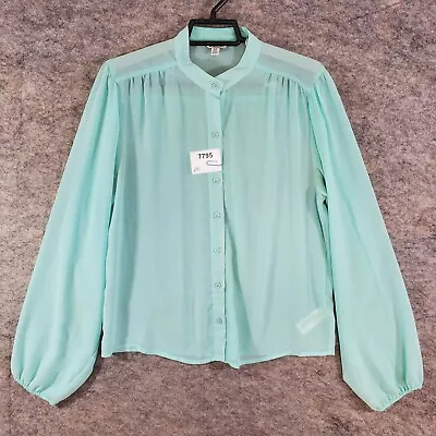 I Love H81 Top Women Small Blue Sheer Long Sleeve Button-Up Elastic Cuffs Casual • $6.24