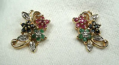 Vintage Emerald Ruby Sapphire Flowers Pierced Earrings Gold EP Over 925 Silver • $45