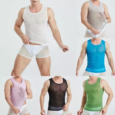 Fashionable Men's Sport Muscle String Vest Elastic Mesh Seethrough Sheer Shirts • £11.17
