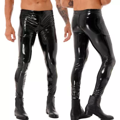 UK Mens PVC Leather Slim Fit Biker Pants Leggings Punk Motorcycle Bike Trousers • £21.99