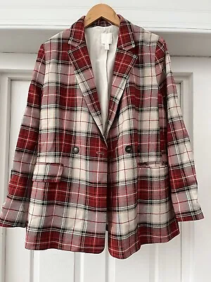 H&M Red Tartan Check Lined Blazer Jacket Size 14 • £19.99